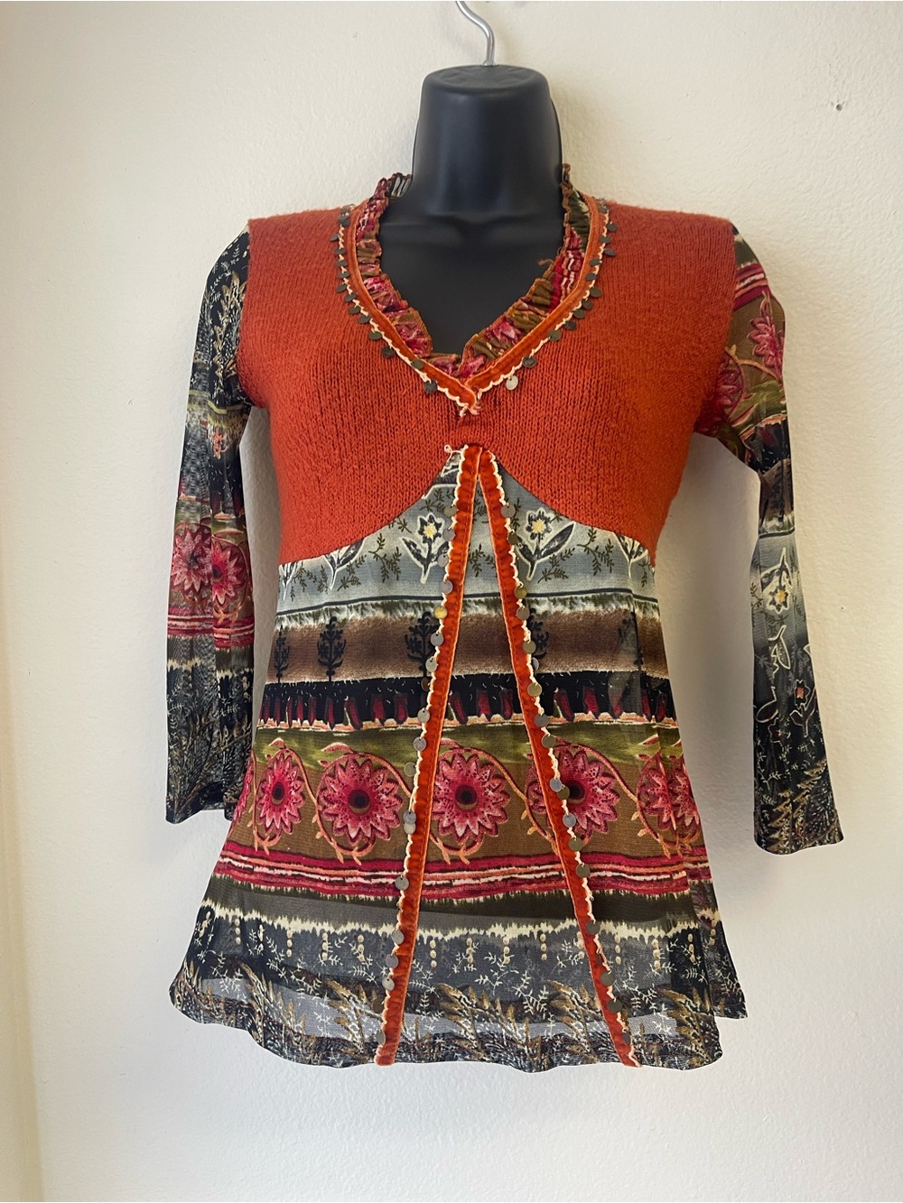Boho V-Neck Mixed-Media Tunic Top - Rust & Multi Floral